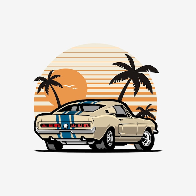 Vettore muscle car americana in spiaggia illustrazione vettoriale auto isolata su sfondo bianco ideale per tshirt