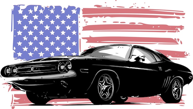 Vector american muscle car with stars and stripes flag isolated on white