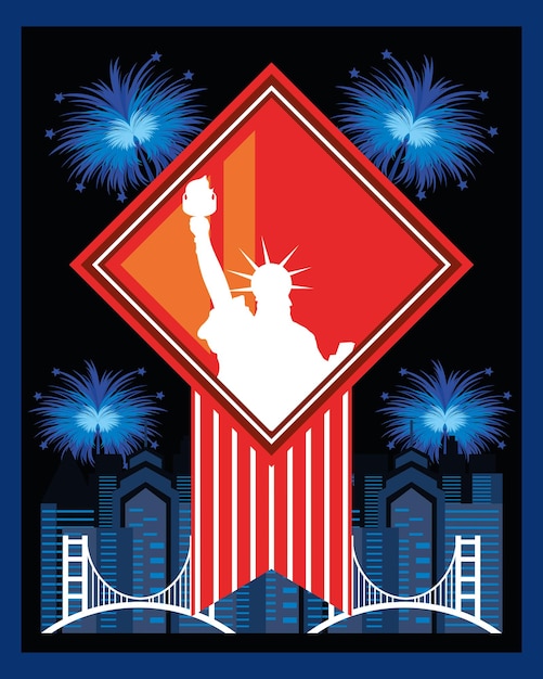 Vector american ny city statue liberty fireworks