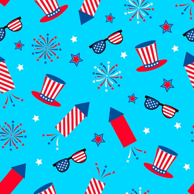 미국의 애국적인 원활한 패턴 7월 4일 전통적인 배경 모자와 불꽃놀이 배경 패브릭 섬유 벽지 포장지 등을 위한 벡터 템플릿