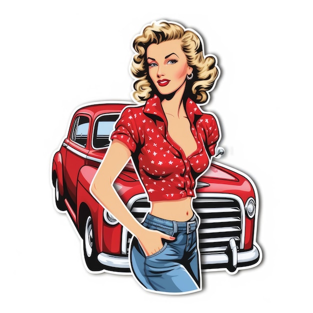 Вектор american pin up girl красная машина