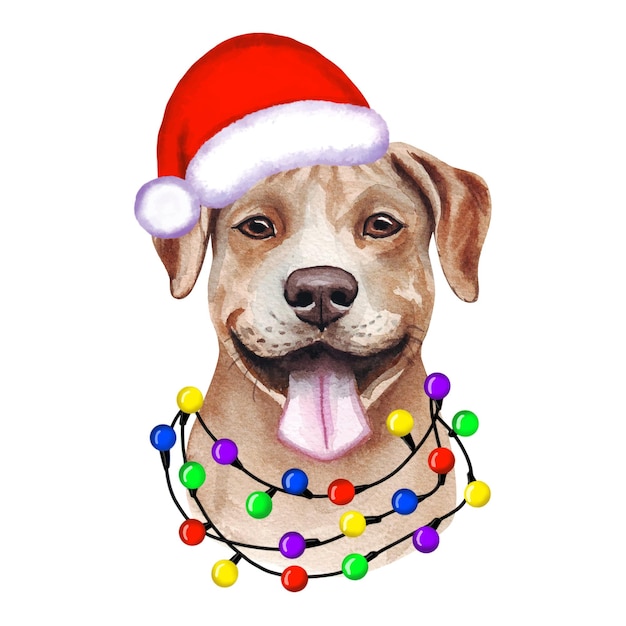 Vettore american pit bull terrier cane con luci di natale nel cappello di babbo natale. simpatica illustrazione di natale