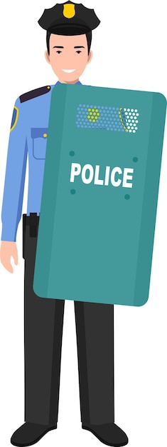 Vector american policeman officer with metal protective shield in traditional uniform character icon