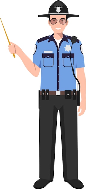 American Policeman Sheriff Officer with Wooden Pointer Stick in Traditional Uniform Character Icon