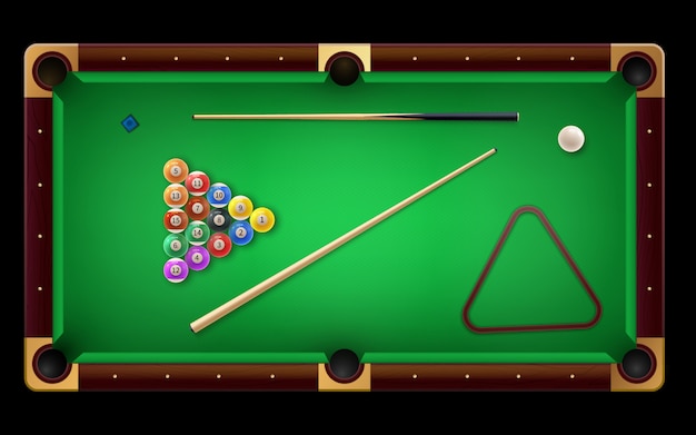 American  pool table with pool cue and glossy balls and other equipment.