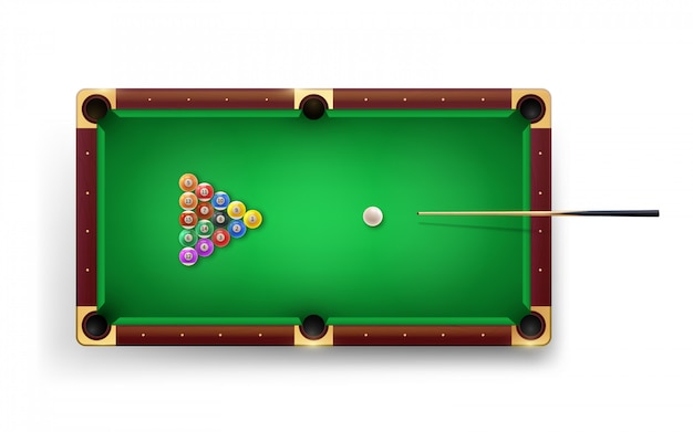 American  Pool table with pool cue and glossy balls and other equipment.