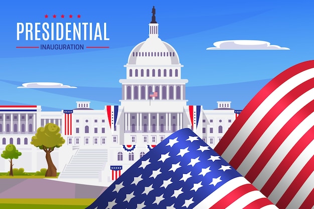 American presidential inauguration illustration with white house and flags