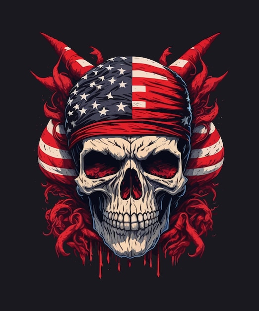 Vettore teschio rosso americano con una bandiera e stelle su di esso