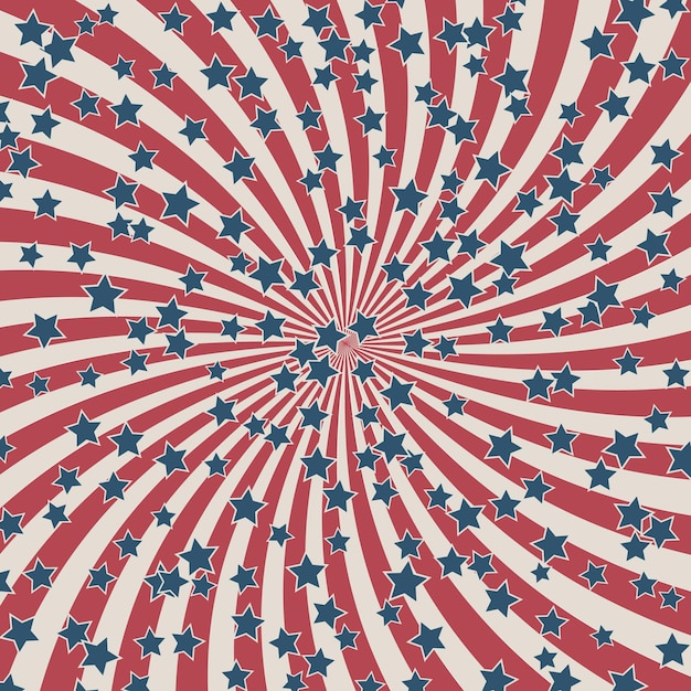 Illustrazione vettoriale patriottica retrò americana strisce concentriche e coriandoli di stelle nei colori della bandiera degli stati uniti sfondo per la festa del patriota o la festa del lavoro