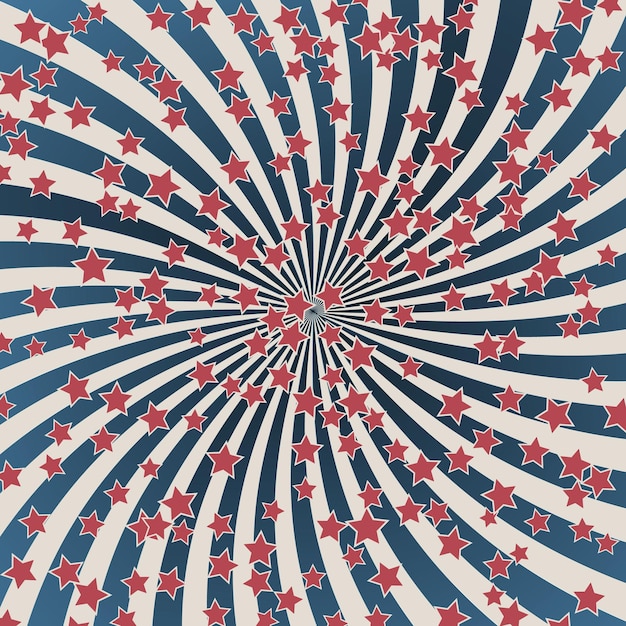 Американская ретро-патриотическая векторная иллюстрация Концентрические полосы и звезды конфетти в цветах флага США