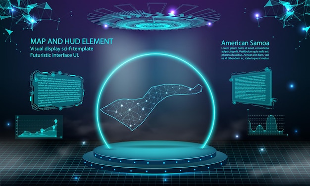 アメリカ領サモア マップ ライト接続効果背景抽象デジタル技術 UI GUI 未来的な HUD サモア マップとの仮想インターフェイス 霧のステージ未来的な表彰台