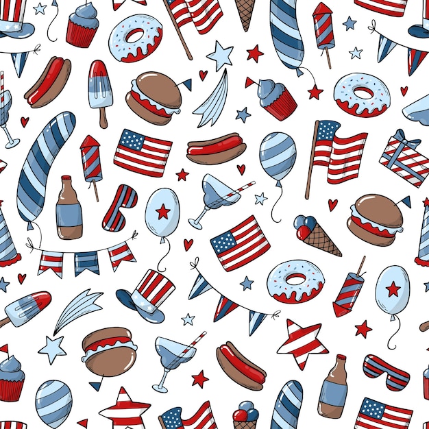 Vector american seamless pattern with doodles for wrapping paper scrapbooking textile prints