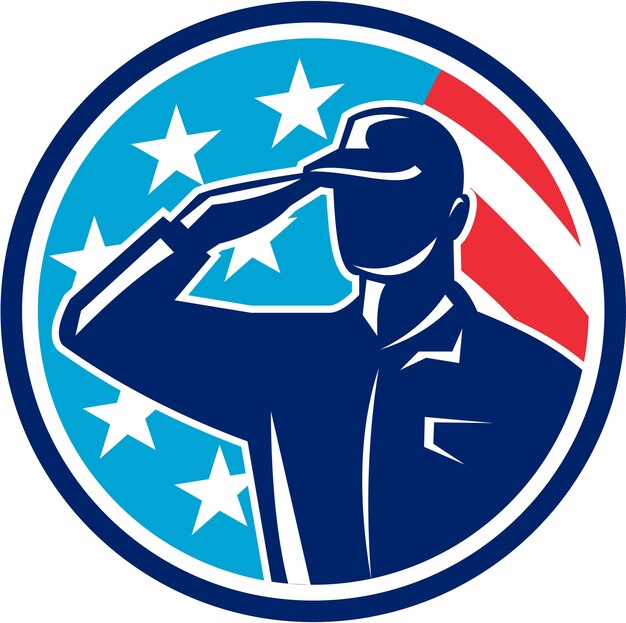 Vector american soldier serviceman saluting flag circle retro