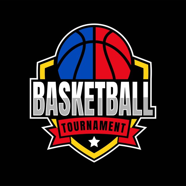 아메리칸 스포츠 쉴드 농구 클럽 로고 농구 클럽 토너먼트 농구 클럽 엠블럼 디자인 템플릿은 어두운 배경에 있습니다.
