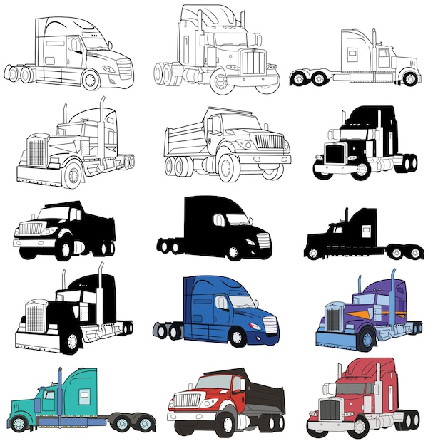 Vector american truck trailer black and white illustration isolated on white