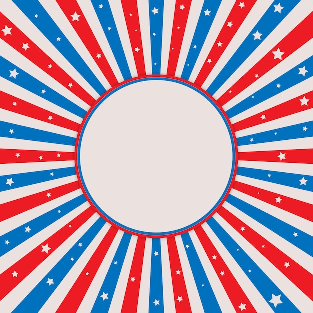 Американский флаг сша на красном и синем фоне солнечных лучей со звездами и цветным кругом