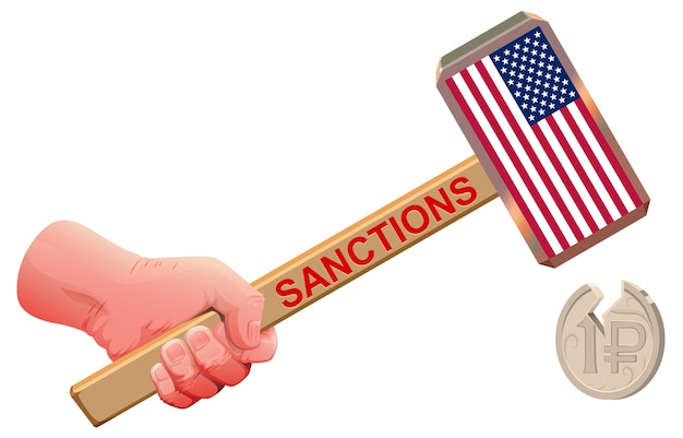 Vector american usa sanctions against russian ruble hand hammer usa flag beat coin