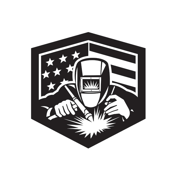 Vettore americanwelder_arcwelding_front_usflagcrest_retrobwcut