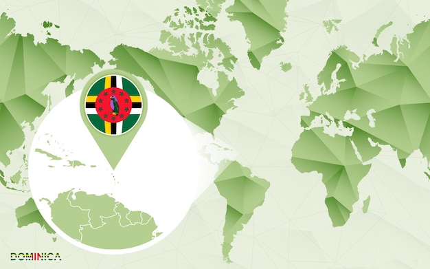 Amerika-centrische wereldkaart met vergrote kaart van Dominica