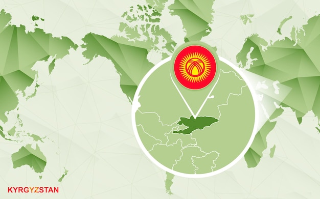 Amerika-centrische wereldkaart met vergrote kaart van Kirgizië
