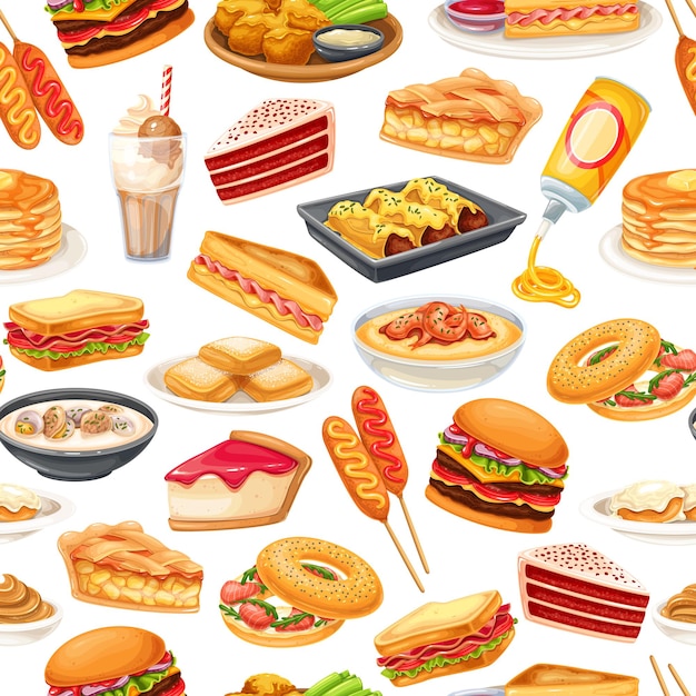 Amerikaans eten naadloze patroon, vectorillustratie. corn dog, mossel chowder, blt, sandwich en buffalo wings. red velvet cake, grits, monte cristo sandwich, pancakes, maple, spray cheese en ets