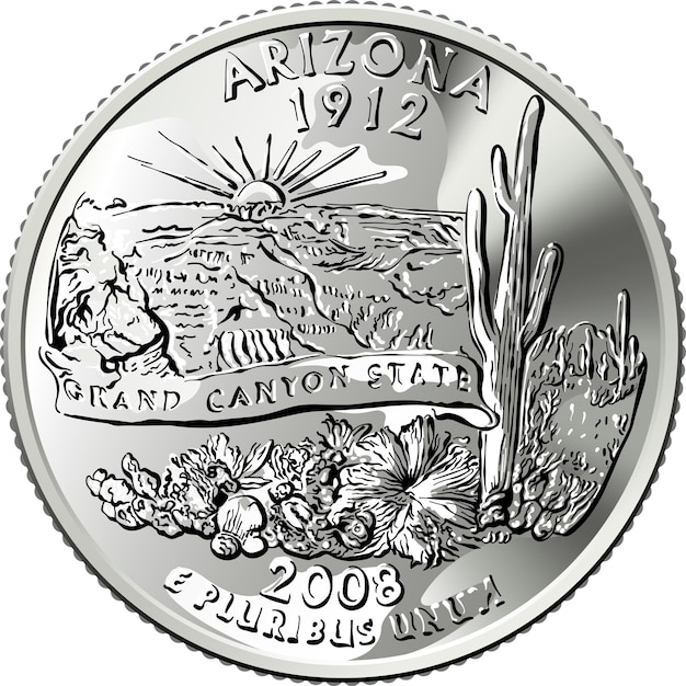 Vector amerikaans geld vs washington kwart dollar arizona of cent munt grand canyon op achterzijde