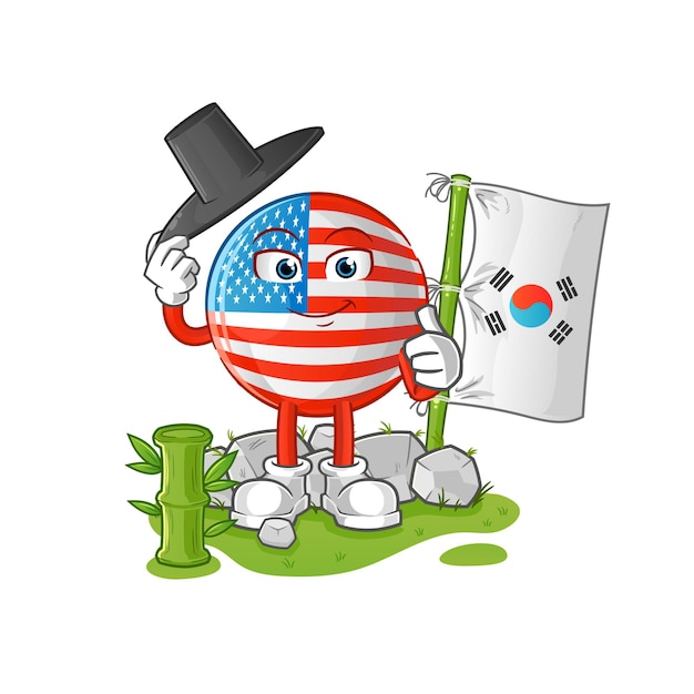 Vector amerikaans vlag koreaans karakter. cartoon mascotte vector