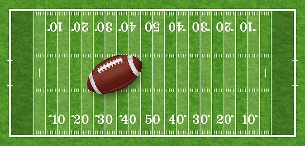 Vector amerikaans voetbalveld met lijn, realistische bal en gras textuur, bovenaanzicht