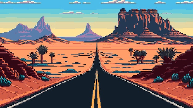 Amerikaans woestijnweglandschap Ai gegenereerde 8-bits pixelgamescène met lege snelweg en Arizona-canyon met cactussenperspectief dompelt de speler onder in een nostalgische reis door het uitgestrekte dorre land