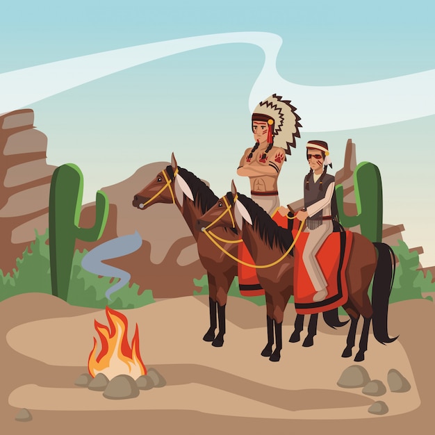Amerikaanse Indische strijders op paarden bij dorpsbeeldverhaal