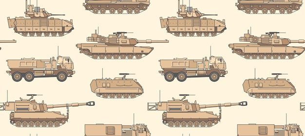 Amerikaanse militaire voertuigen achtergrond naadloze patroon met tanks en andere vectorillustratie