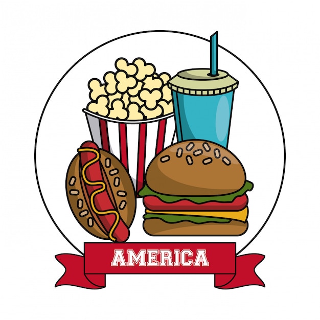 Amerikaanse snel voedselhotdog en soda met popcorn en grafisch ontwerp van de hamburger het vectorillustratie