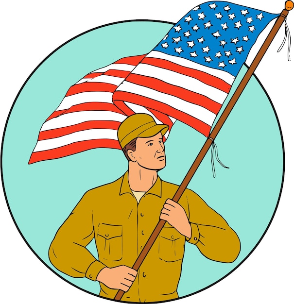 Amerikaanse soldaat die de vlag van de Verenigde Staten rondtrekt