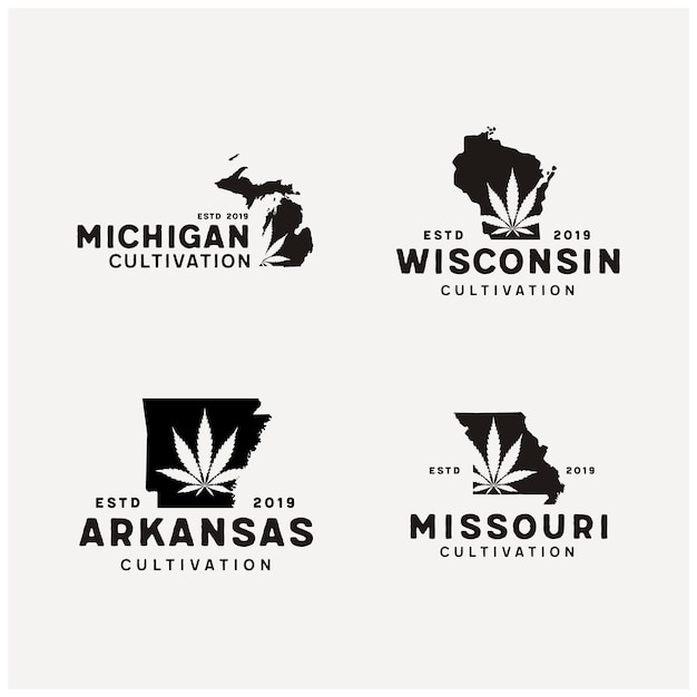 Amerikaanse staat Michigan Wisconsin Arkansas Missouri Kaart met Cannabis Pot Leaf Marihuana Hennep CBD-logo