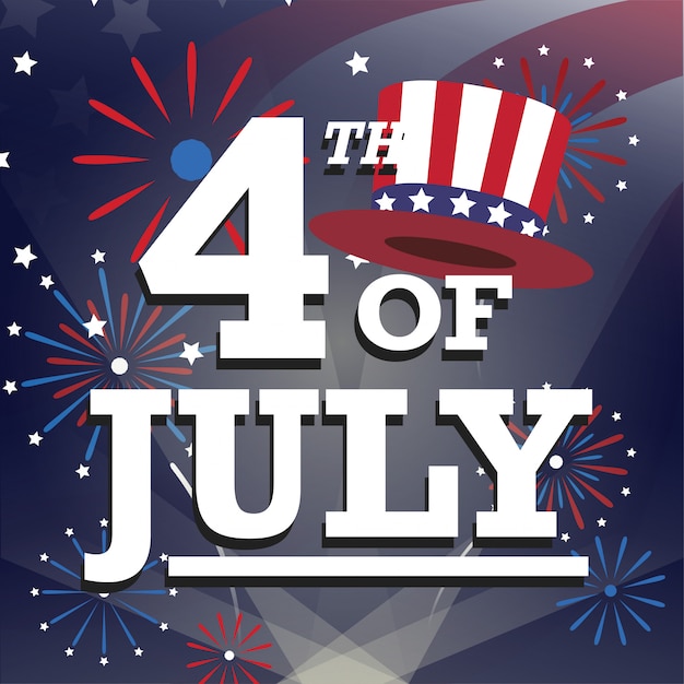 Vector amerikaanse vierde van juli-groeten kaartpost met vuurwerk