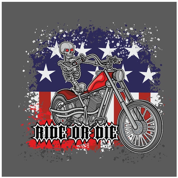 Vector amerikaanse vlag en skelet op een motorfiets grunge vintage design t-shirts