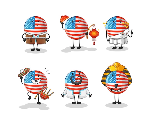 Amerikaanse vlag wereld cultuur groep. cartoon mascotte vector
