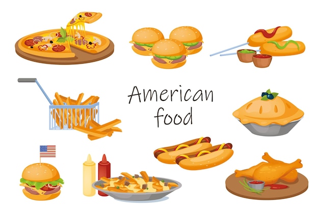 Amerikaanse voedselelementen geïsoleerde reeks. bundel van pizza, hamburger, cheeseburger, hotdogs met sauzen, taart, friet, kippenpoten, ketchup, mosterd. fast food. vectorillustratie in plat cartoonontwerp