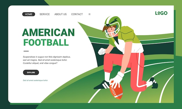 Amerikaanse voetbal minimalistische banner web illustratie mobiele bestemmingspagina GUI UI speler klaar houding speelt spel op veld