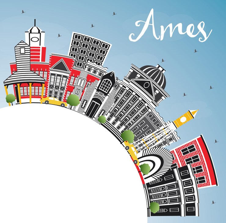 Vector ames iowa skyline with color buildings, blue sky and copy space. vector illustration. business travel and tourism illustration with historic architecture.
