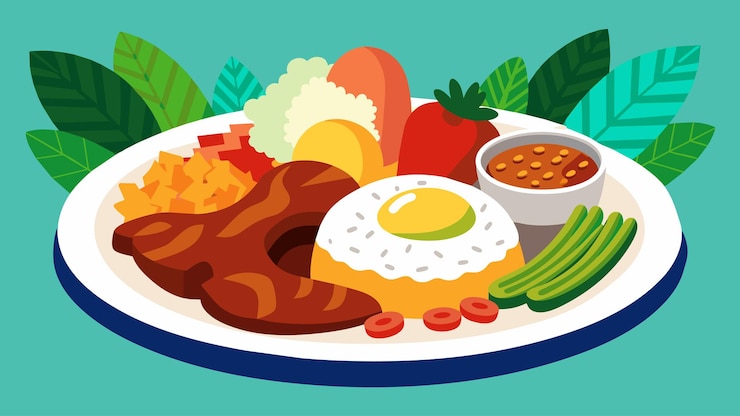 Vector amidst the bustle of the lively gathering a comforting plate of rice beans and grilled meats brings
