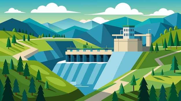 Vector amidst the lush green forests and rolling hills a powerful hydroelectric facility reigned supreme