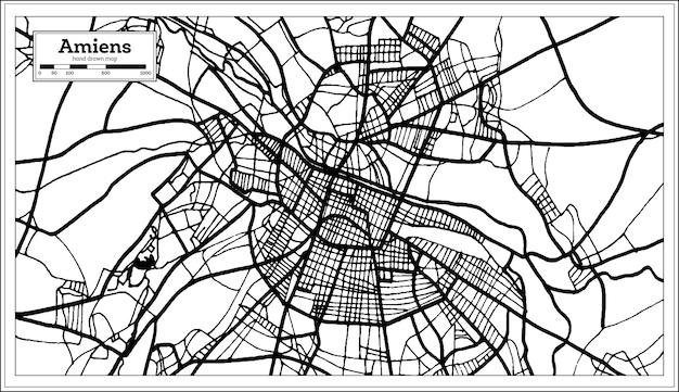 レトロなスタイルの黒と白の色のアミアンフランス都市地図白地図ベクトル図