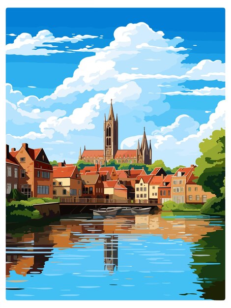 アミアン フランス ヴィンテージ旅行ポスターお土産はがき肖像画 WPA イラスト