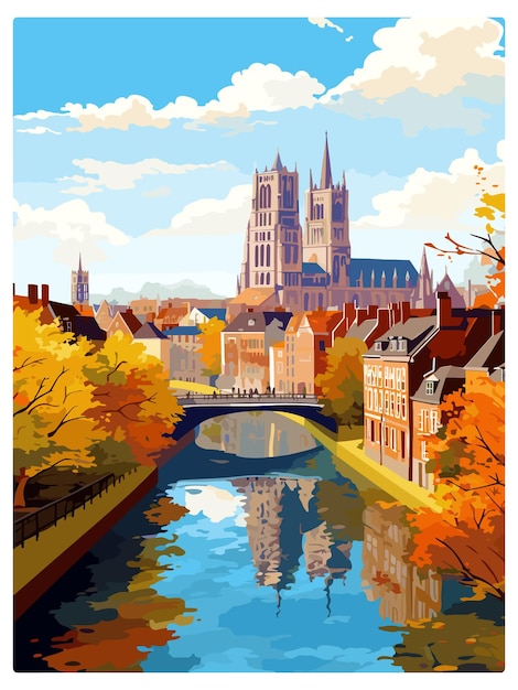 Vector amiens france vintage travel poster souvenir postcard portrait painting wpa illustration