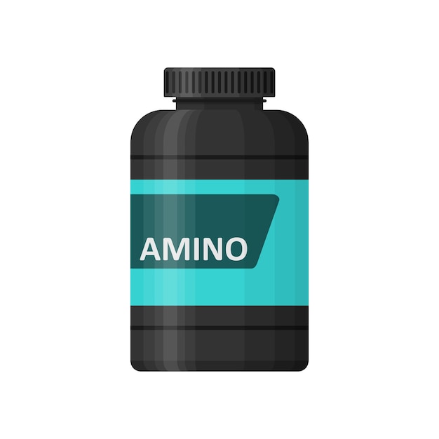 Amino fles geïsoleerd op een witte achtergrond. Sportvoeding icoon container pakket, fitness supplementen. Sportvoeding voor bodybuilding. Pot met supplementen voor spiergroei. Sportschool vectorillustratie