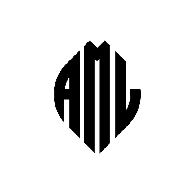 AML 円形文字 ロゴ デザイン 円形とエリプス形 AML エリプス文字 タイポグラフィックスタイル 3つのイニシャルが円形のロゴを形成する AML サークルエンブレム アブストラクト モノグラム 文字マーク ベクトル