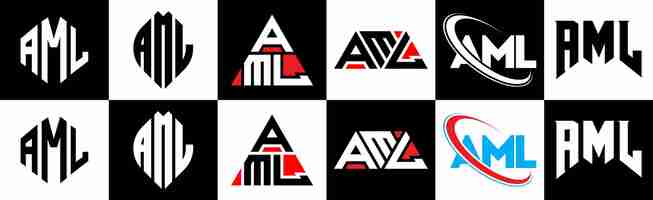 Vector aml letter logo design in six style aml polygon circle triangle hexagon flat and simple style with black and white color variation letter logo set in one artboard aml minimalist and classic logo