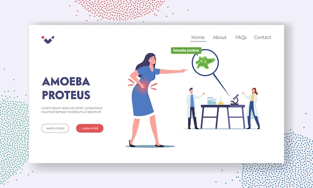 Vector amoeba proteus landing page template. scientists characters in laboratory learning protozoa unicellular, diseased woman with pain in stomach suffering of bacteria. cartoon people vector illustration