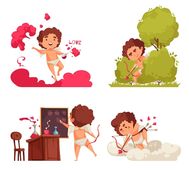 Amoer cupido valentijnsdag set van vier composities met doodle karakters van amoretto in verschillende situaties